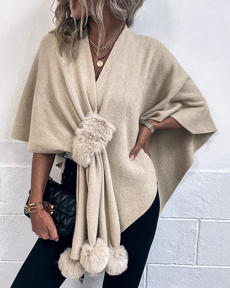 

Pom Pom Tassel Design Knit Cape Cardigan, Apricot