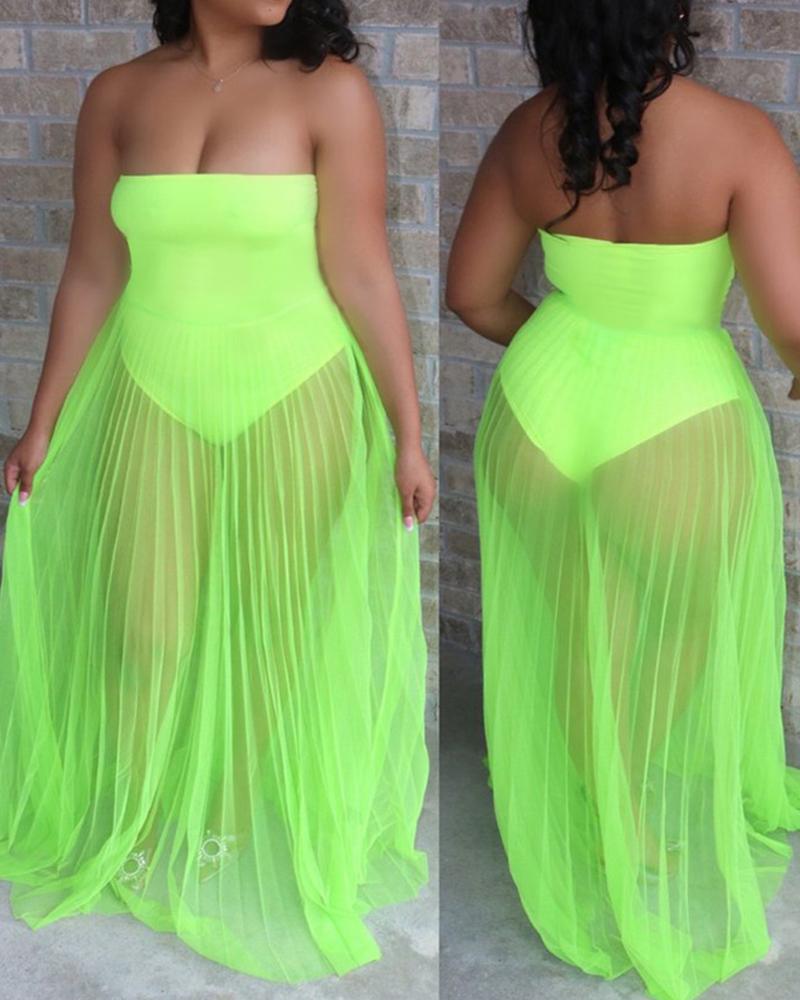 

Bandeau Sleeveless Sheer Mesh Party Dress, Green