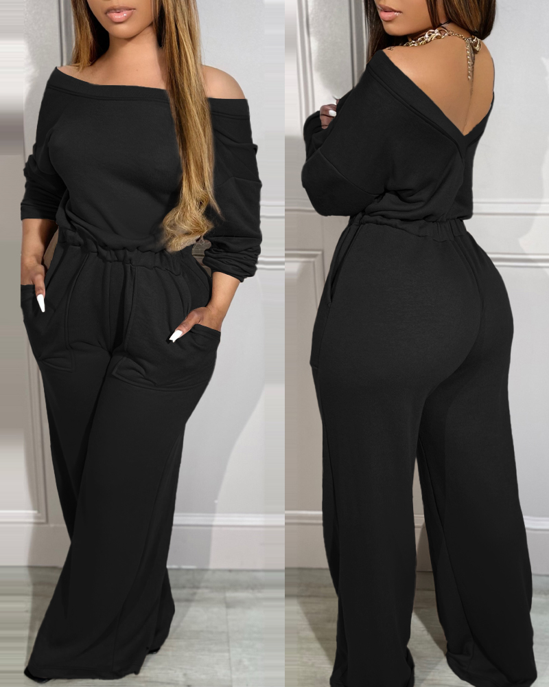 

Off Shoulder V-Back Stretchy Waist Pocket Design Jumpsuit, Black