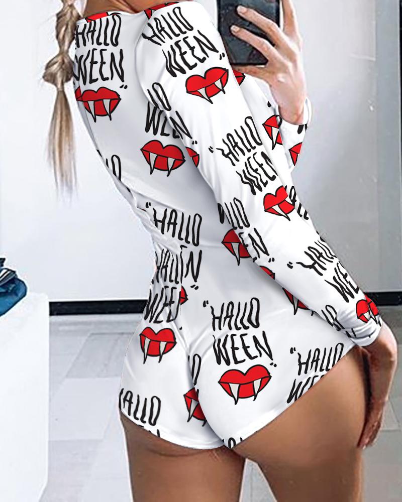 

Halloween Letter Lip Print Button Design Adult Onesie, White