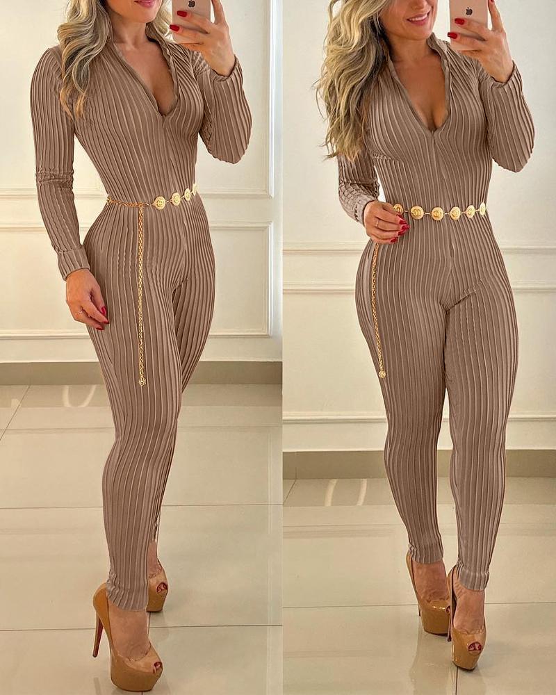 Zipper Design Long Sleeve Ribbed Jumpsuit