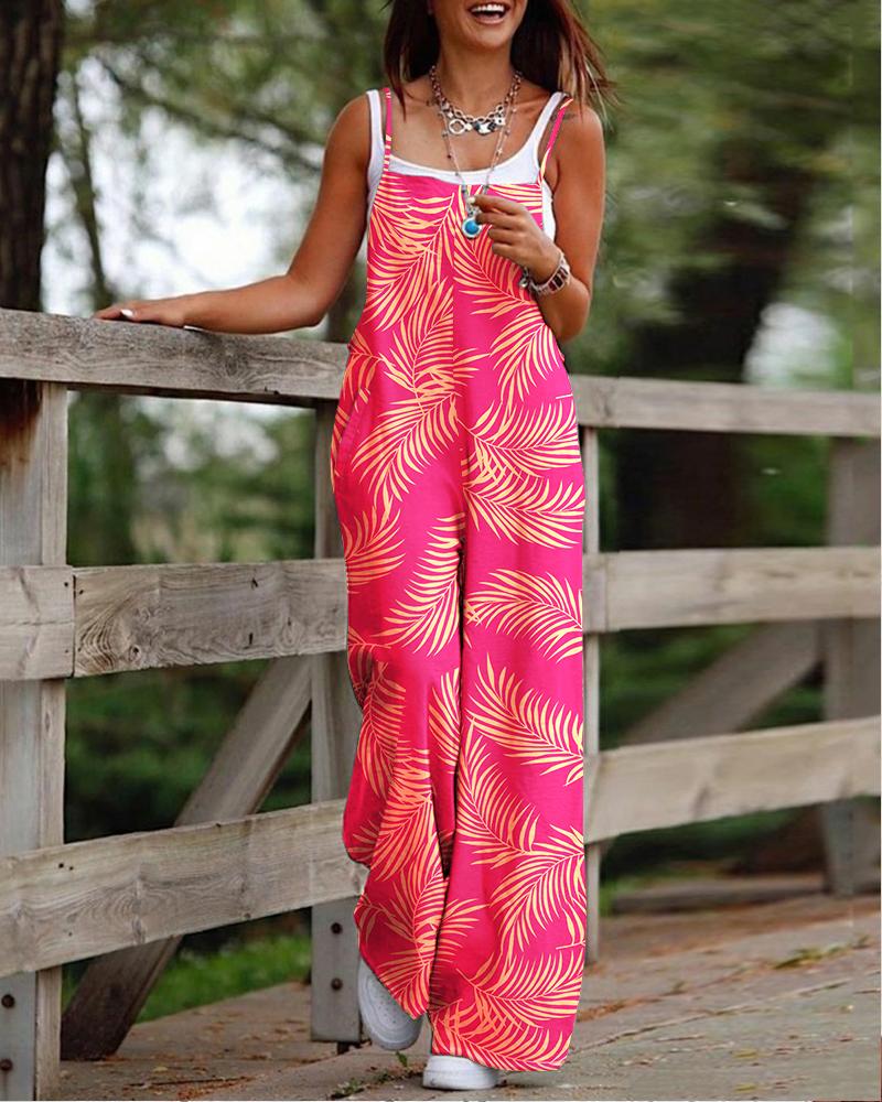 

Leaf Print Casual Suspender Jumpsuit, Hot pink