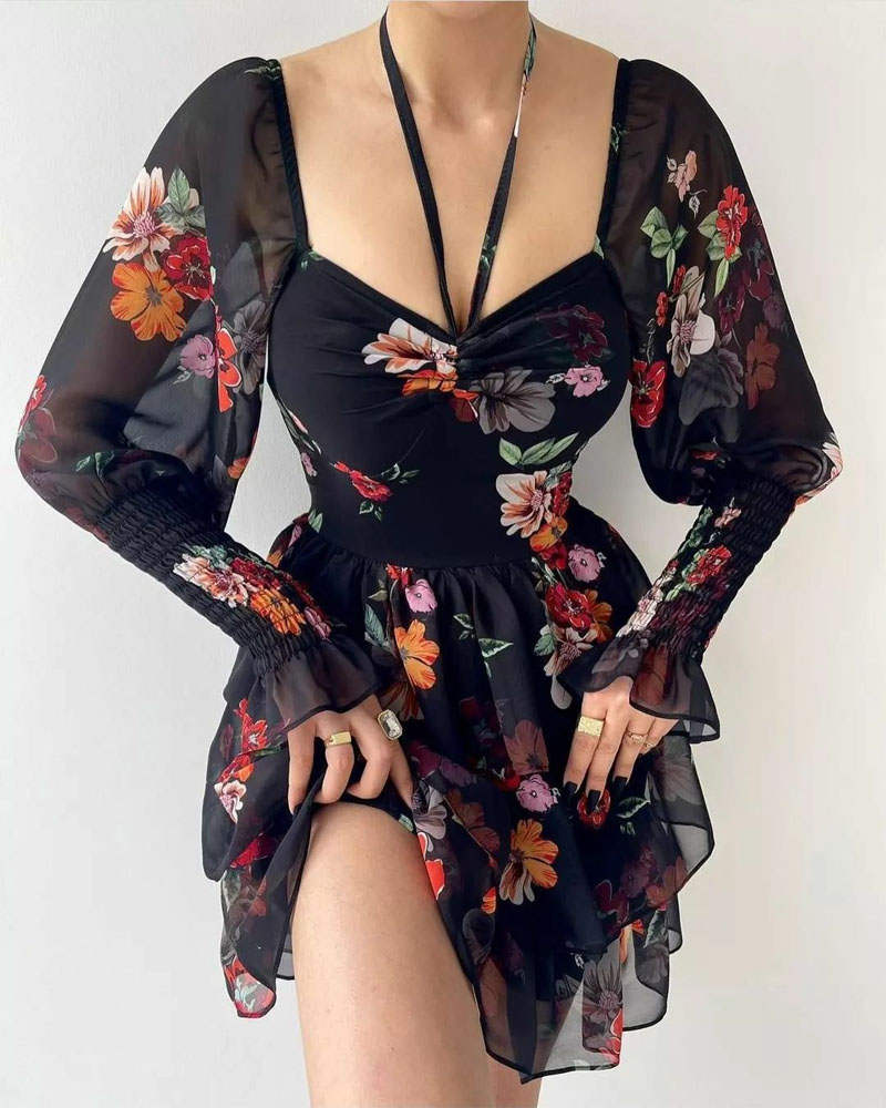 

Shirred Gigot Sleeve Floral Print Layered Dress, Black