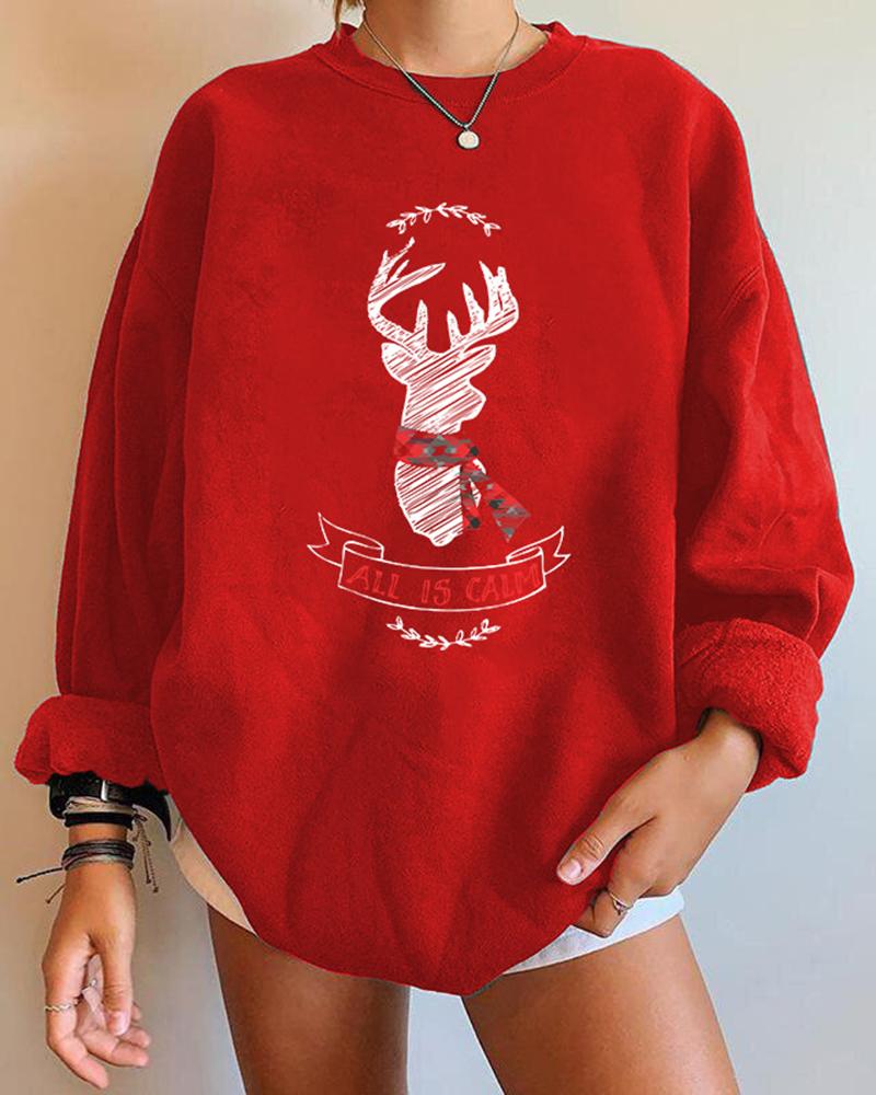 

Christmas Elk Letter Print Long Sleeve Sweatshirt, Red