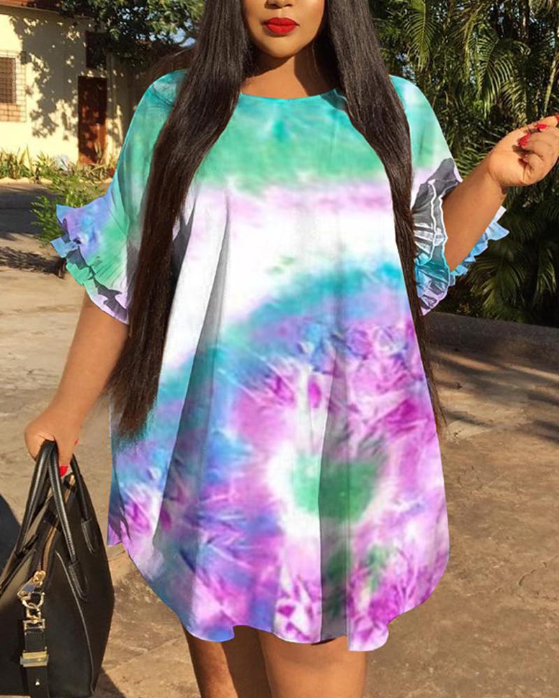 

Plus Size Tie Dye Print Bell Sleeve Curved Hem Casual Dress, Purple