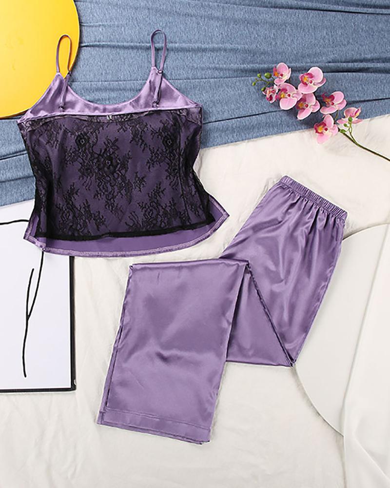 

Crochet Lace Patch Satin Pajamas Set, Purple