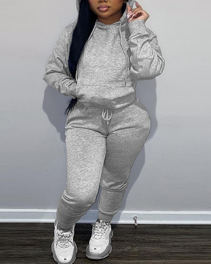 

Plus Size Long Sleeve Drawstring Hoodie & Pants Set, Gray