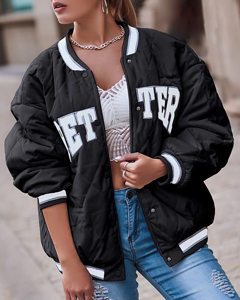 

Argyle Quilted Buttoned Puffer Baseball Coat, Black