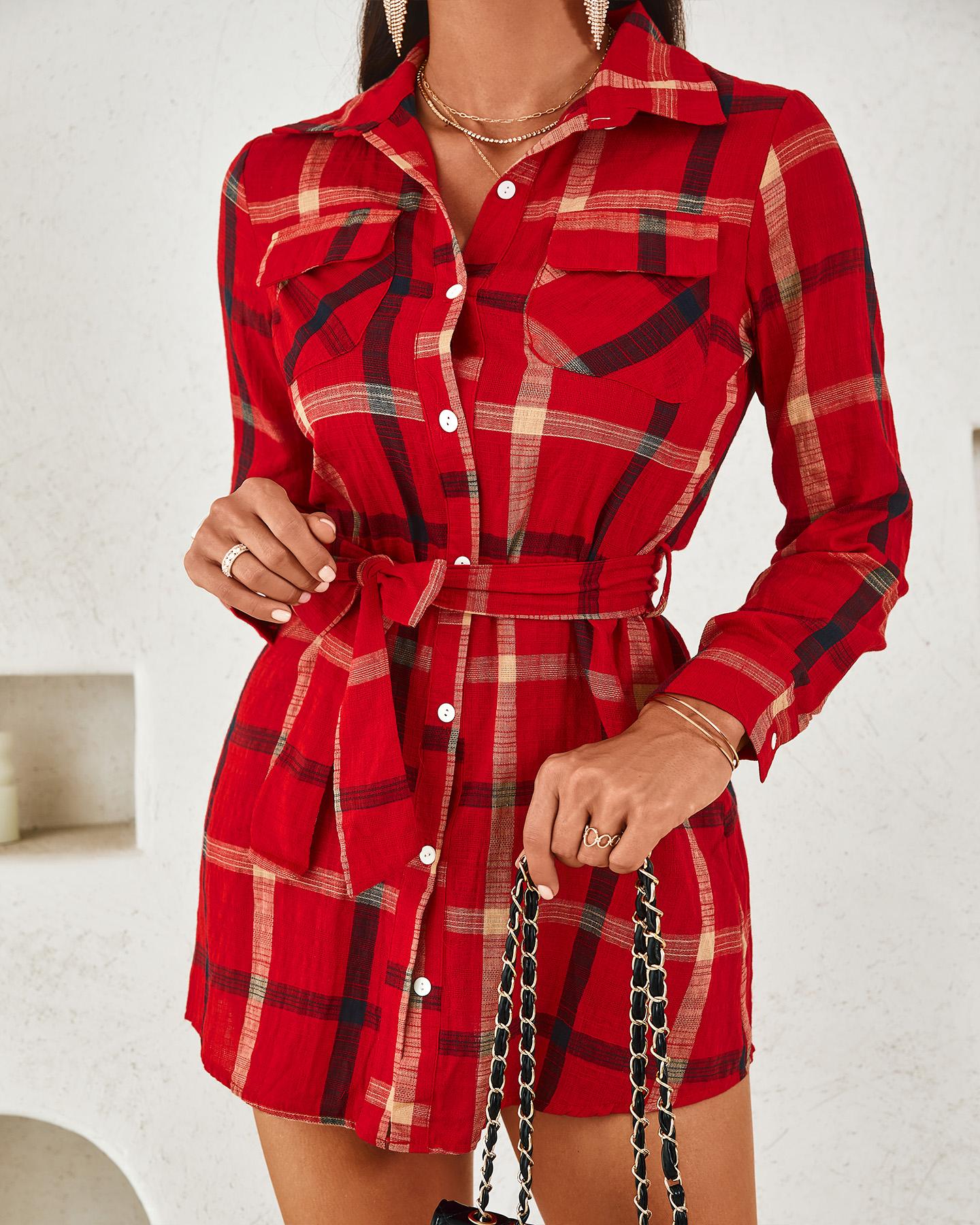 

Plaid Print Button Pocket Design Shirt Dress, Red