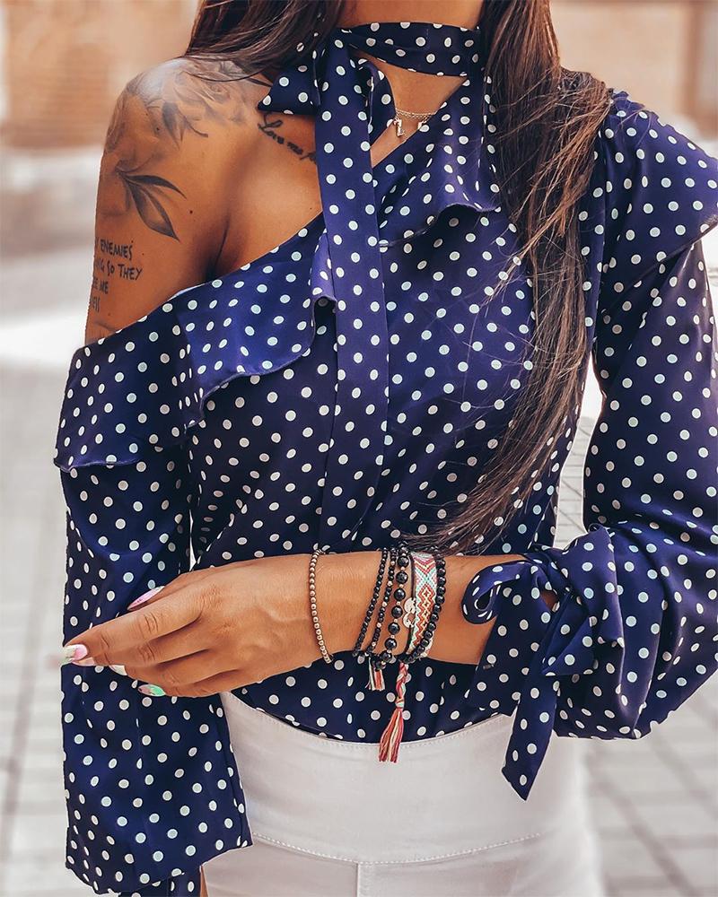 

Polka Dot One Shoulder Ruffles Blouse, Purplish blue