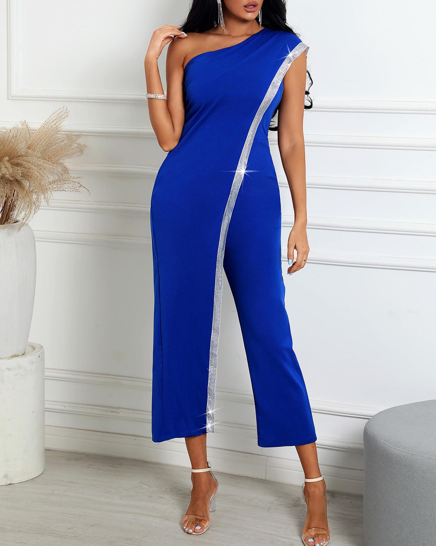 

One Shoulder Studded Plain Jumpsuit, Blue