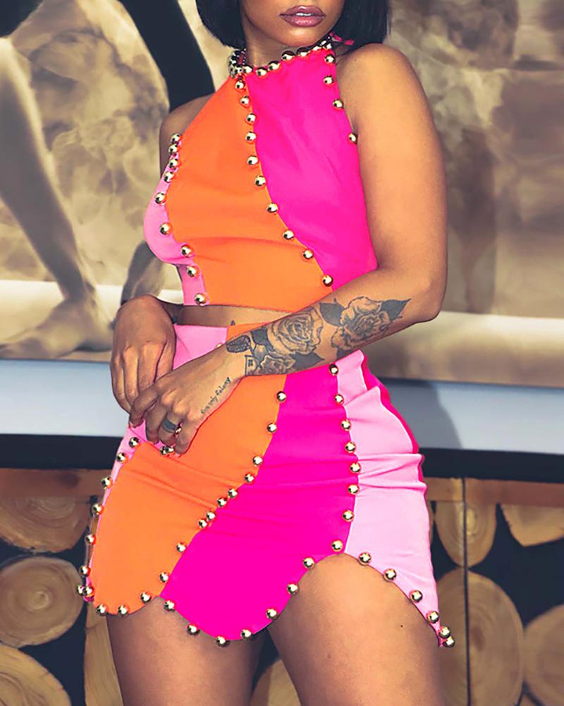 

Studded Colorblock Crop Top & Asymmetrical Skirt Set, Hot pink