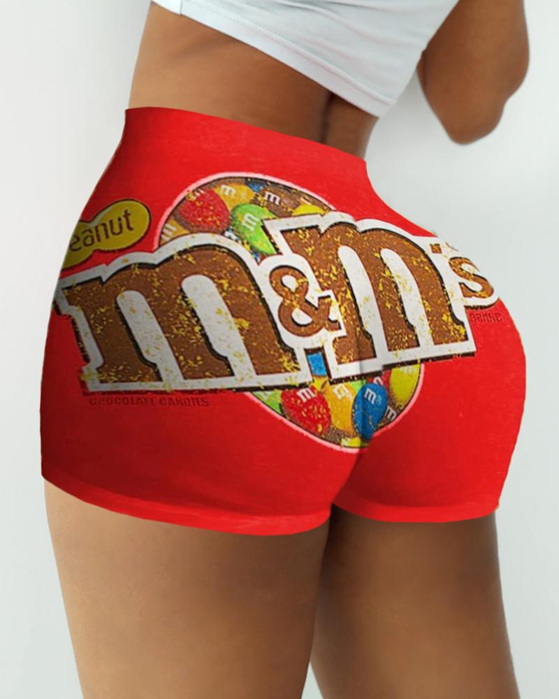 

Letter Cartoon Print High Waist Casual Shorts, Red