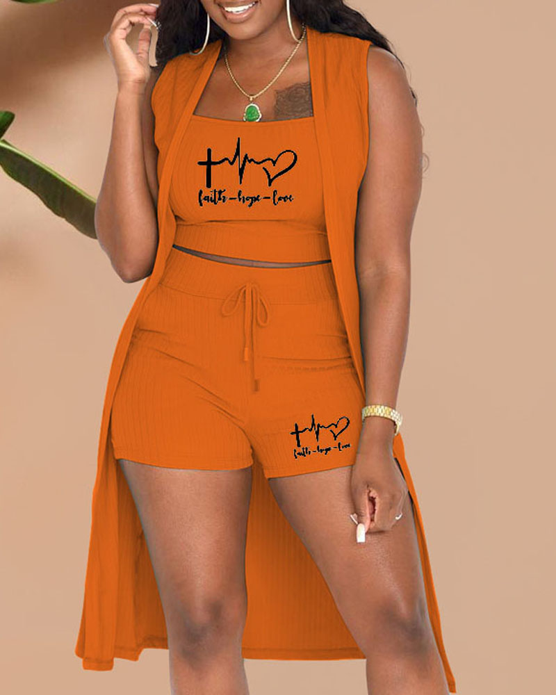 

Plus Size 3PCS Letter Heart Print Ribbed Crop Top & Shorts Set With Cardigan, Orange