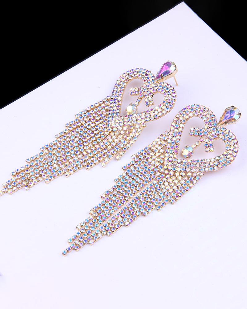 

1Pair Heart Shaped Rhinestone Tassel Design Drop Earrings, Gold