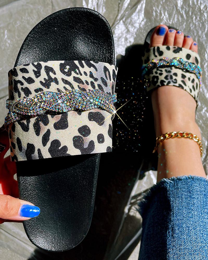 

Cheetah Print One Strap Rhinestone Slippers, Beige