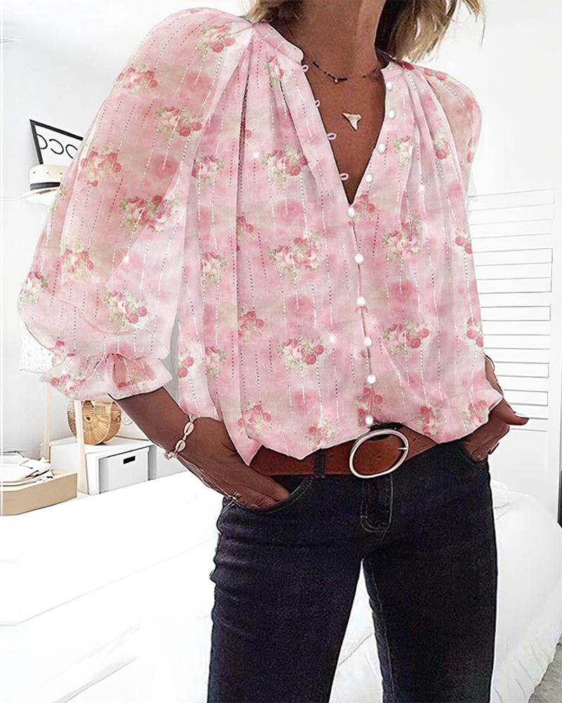 

Blusa de manga comprida com estampa floral de lurex brilhante e botões frontais, top casual, Pink