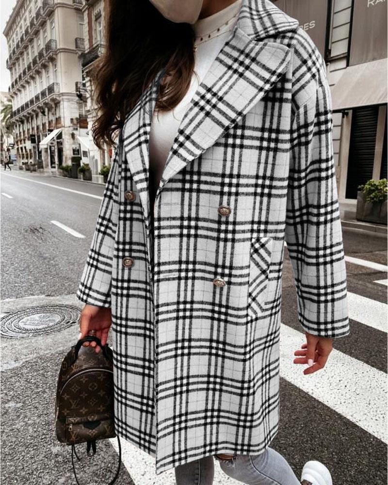 

Plaid Print Double Breasted Pea Coat, White
