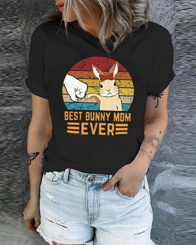 

Happy Easter Bunny Print T-shirt Holiday Graphic Tee, Black
