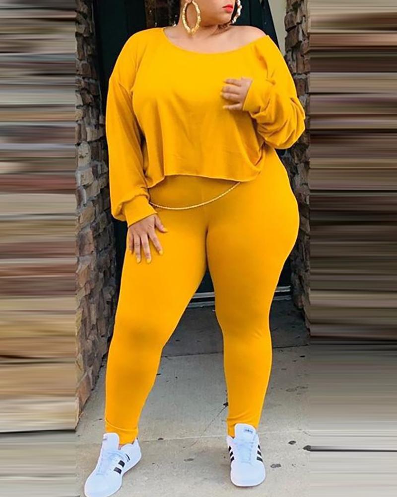 

Plus Size Plain Top & Pants Set, Yellow