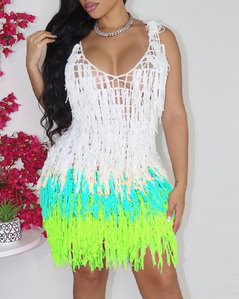

Colorblock Hollow Out Crochet Tassel Trim Cover Up Beach Dress, Lvs green