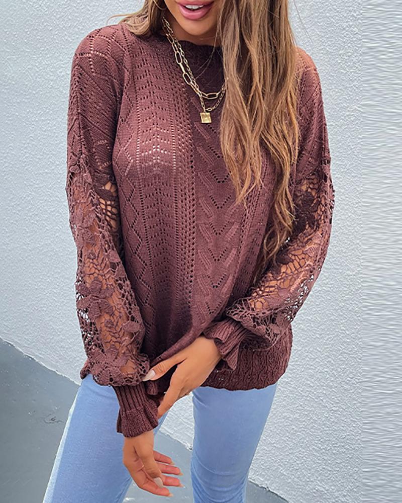 

Guipure Lace Patch Long Sleeve Knit Sweater, Coffee