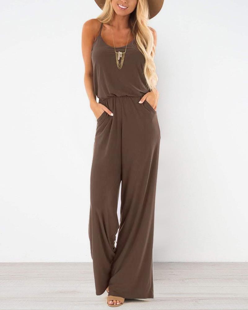 

Spaghetti Strap Pocket Design Jumpsuit, Dark brown
