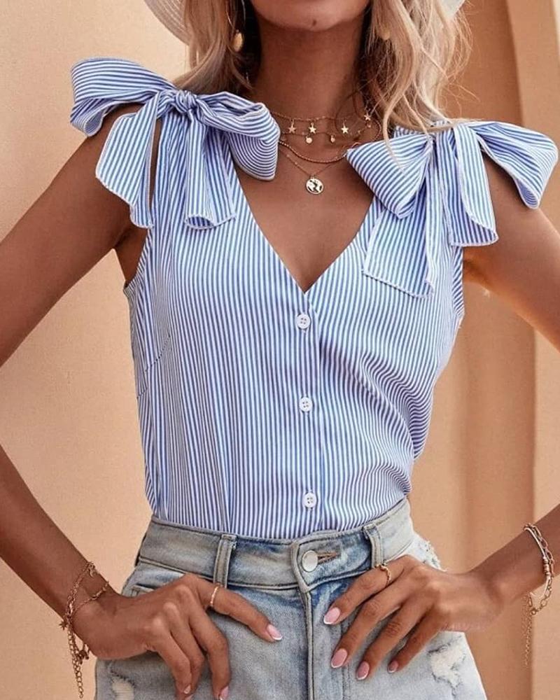 

Tied Detail Button Front Striped Print Top, Blue