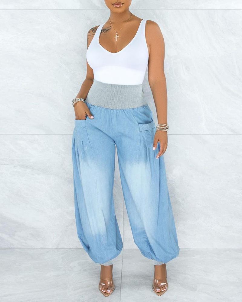 

High Waist Pocket Design Colorblock Jeans, Light blue