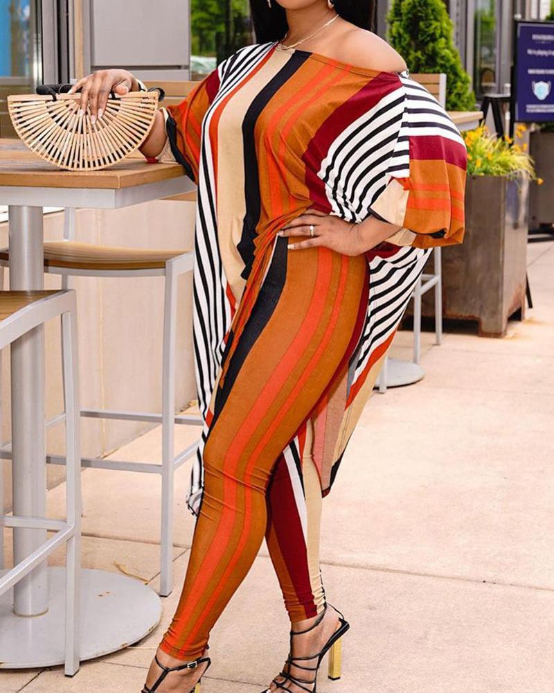 

Color Block Striped Long Sleeve Blouse & Pants Set, Orange