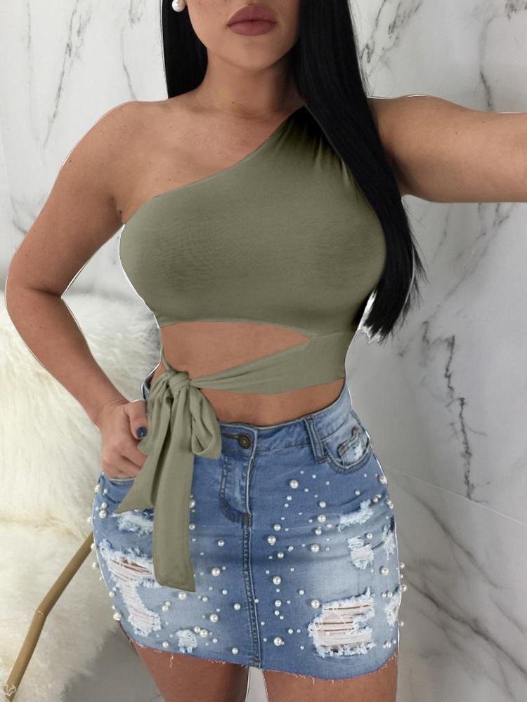 

Solid Color One Shoulder Tie Waist Cropped Top, Green