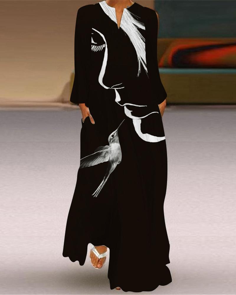 

Figure Bird Print Long Sleeve Maxi Dress, Black