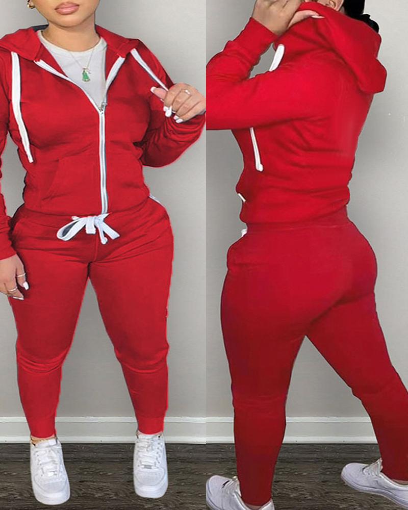 

Plus Size Zipper Design Sweatshirt & Sweatpants Set, Red
