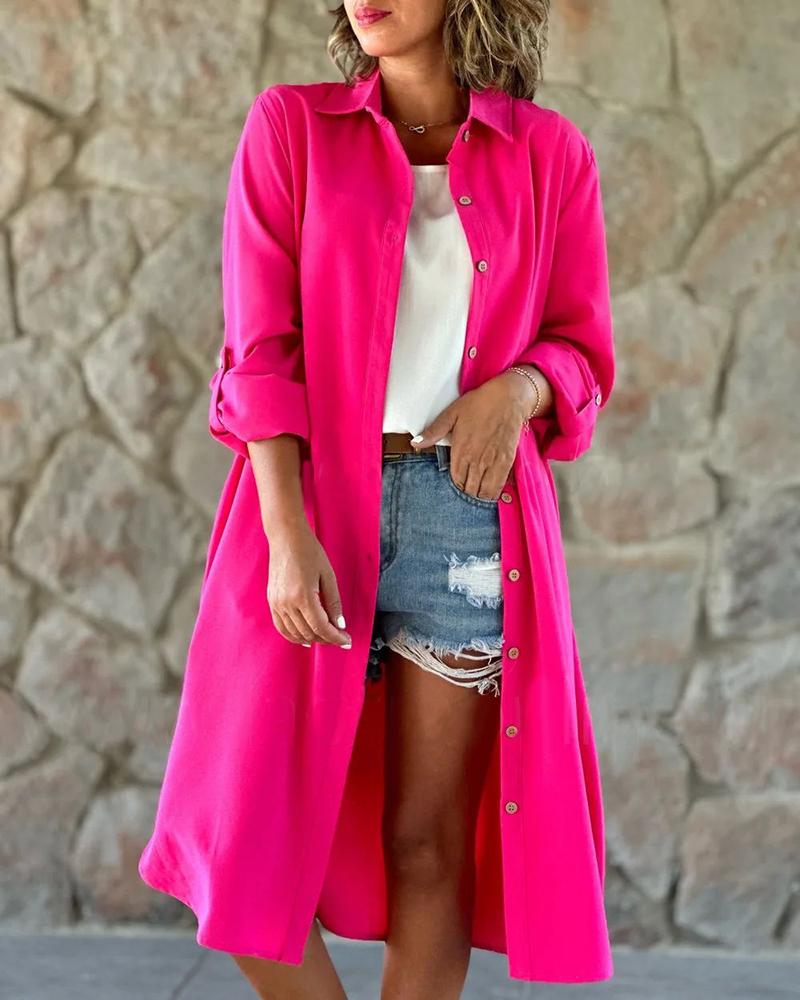 

Roll Up Sleeve Button Front Longline Shirt, Hot pink