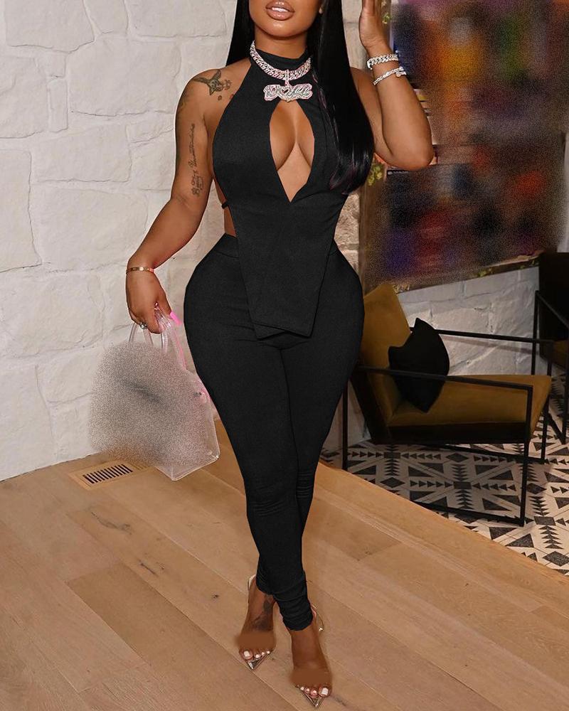 

Tied Detail Asymmetrical Cutout Top & Pants Set, Black