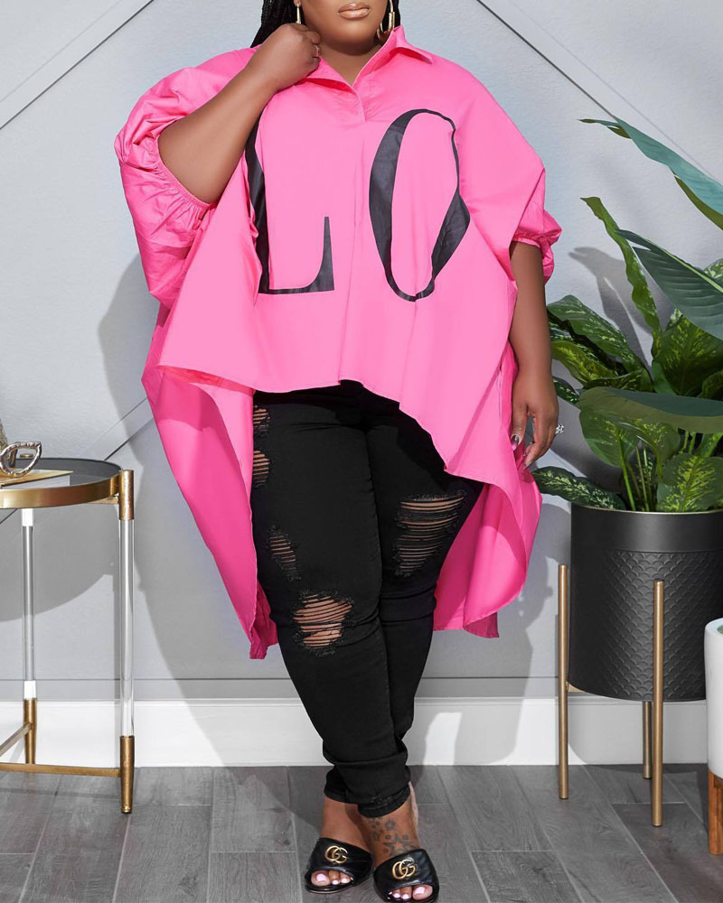 

Plus Size Letter Print High Low Hem Shirt, Hot pink