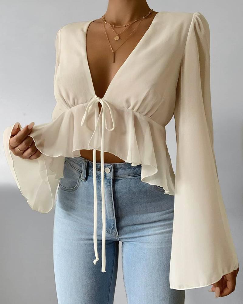 

Solid Bell Sleeve Ruffles Women Blouse, Beige