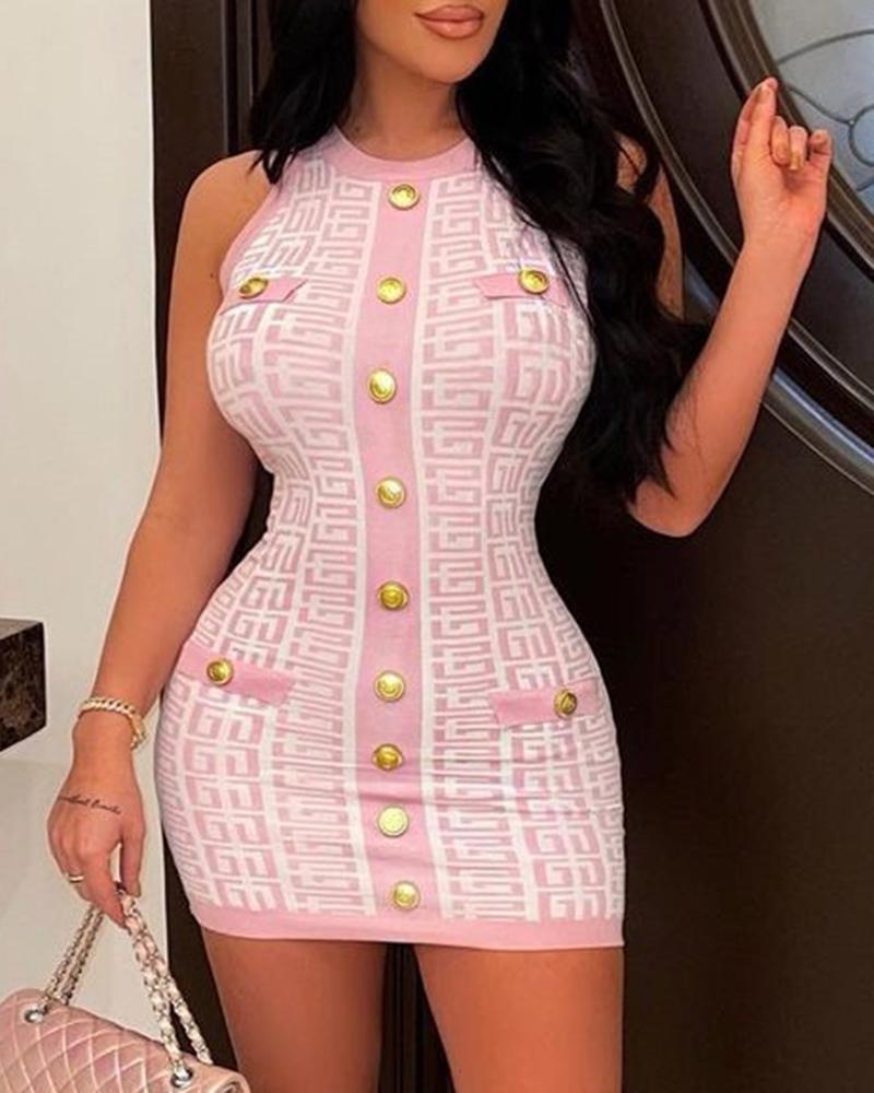 

Geometric Print Sleeveless Buttoned Bodycon Dress, Pink