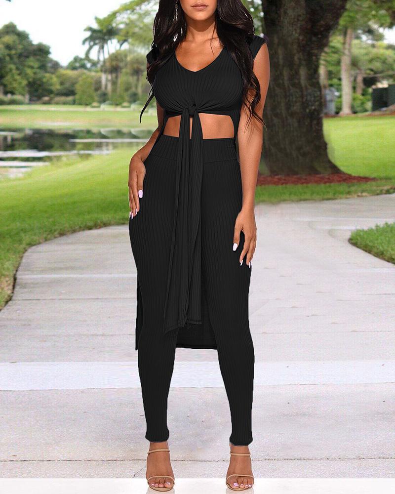 

Solid Sleeveless Knotted Front Top & Pant Sets, Black