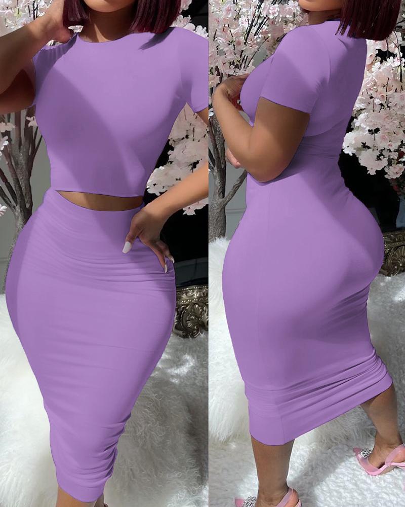 

Short Sleeve Top & High Waist Skirt Set, Purple