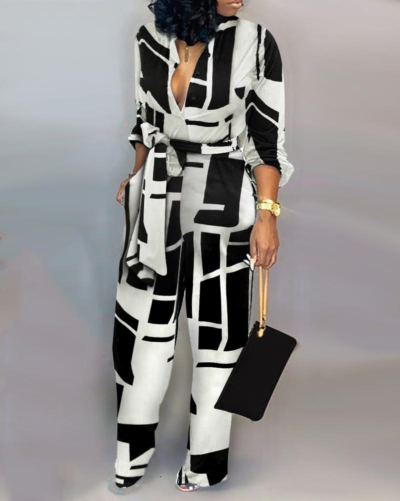 

Colorblock Long Sleeve Wide Leg Jumpsuit, Black&white