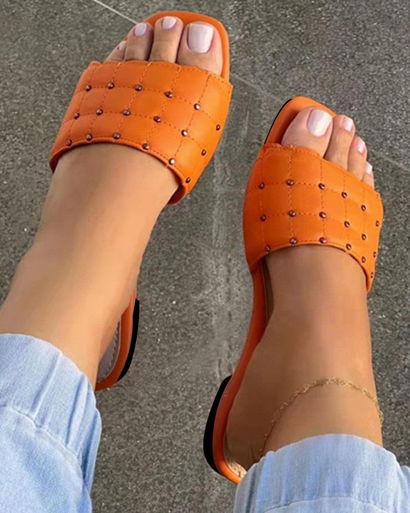 

Quilted Studded Square Toe Slippers, Orange