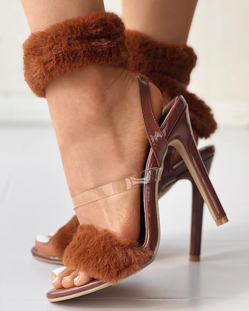 

Fuzzy Strap Slingback Stiletto Heels, Brown