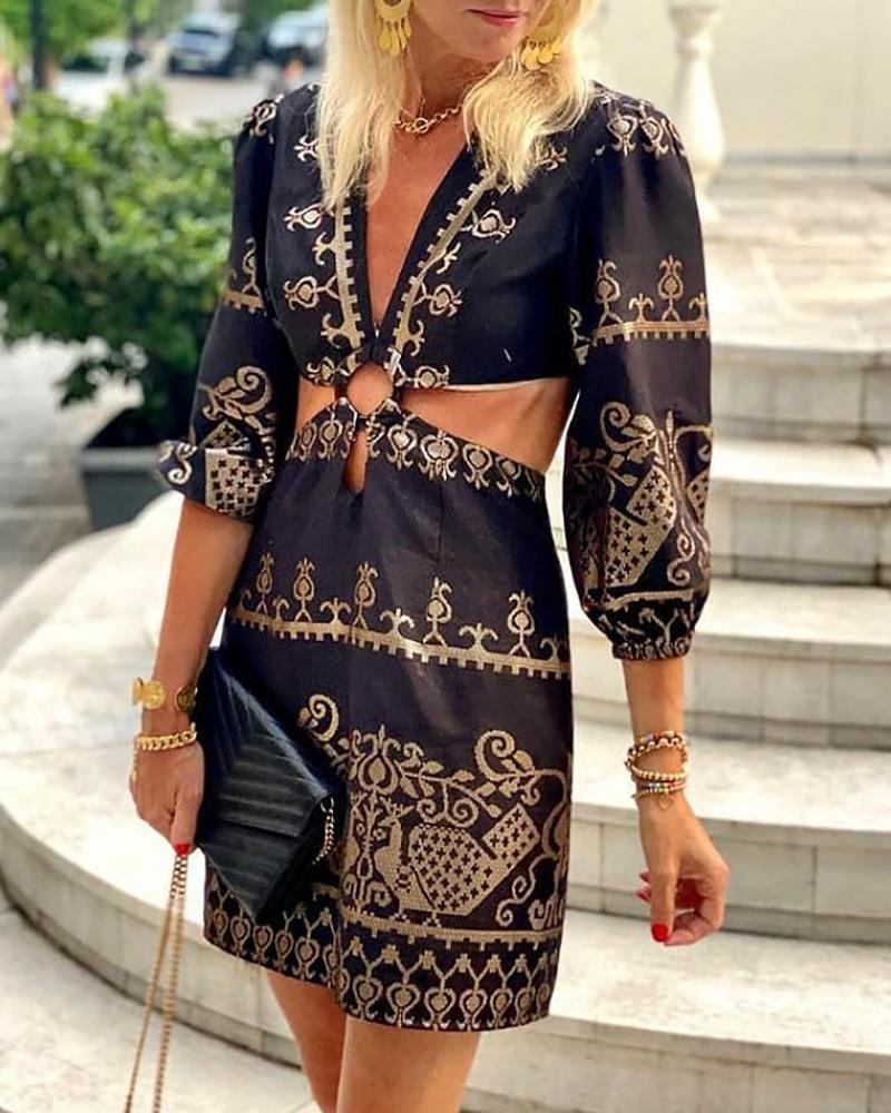 

Cutout Waist O-Ring Tribe Print Dress, Black