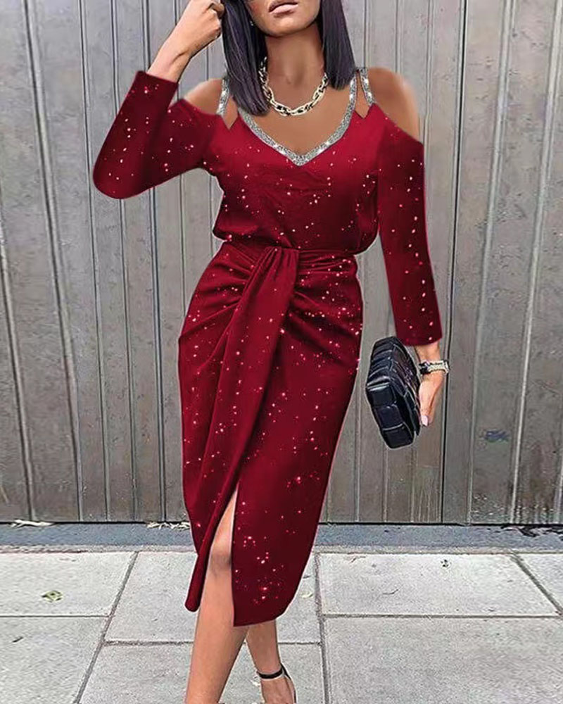 

Glitter Cold Shoulder Ruched Split Work Dress, Wine red