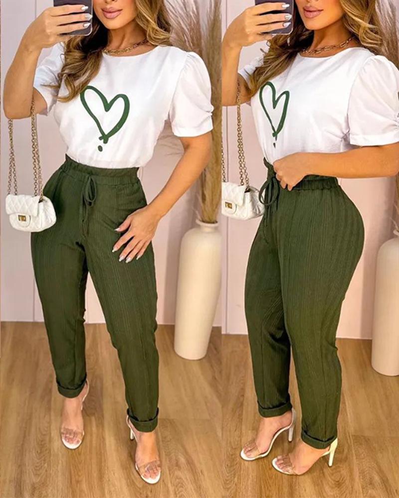 

Heart Print Puff Sleeve Top & Drawstring Pants Set, Green