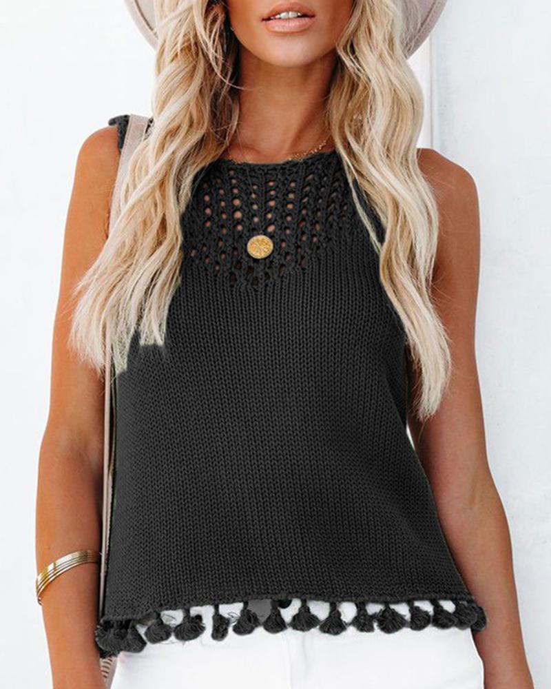 

Hollow Out Tassel Design Crochet Tank Top, Black