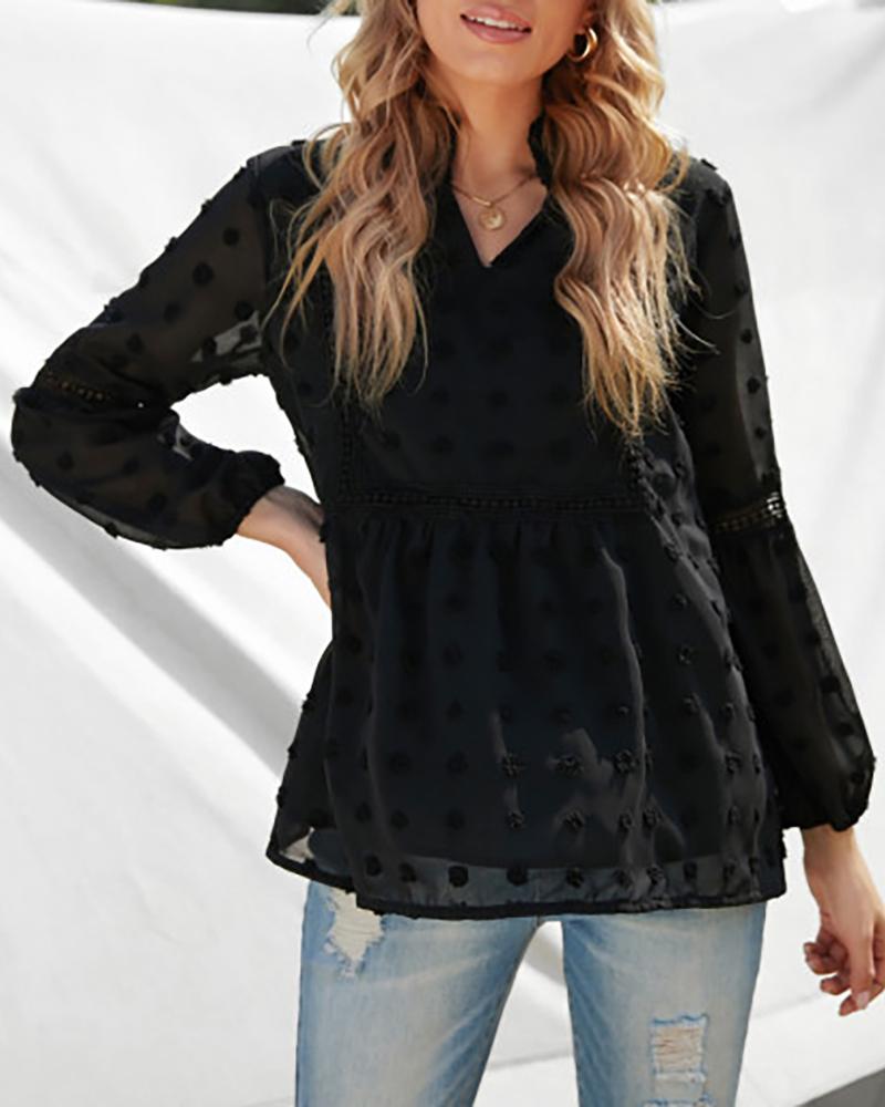 

Swiss Dot Long Sleeve Frill Hem Ruched Top, Black