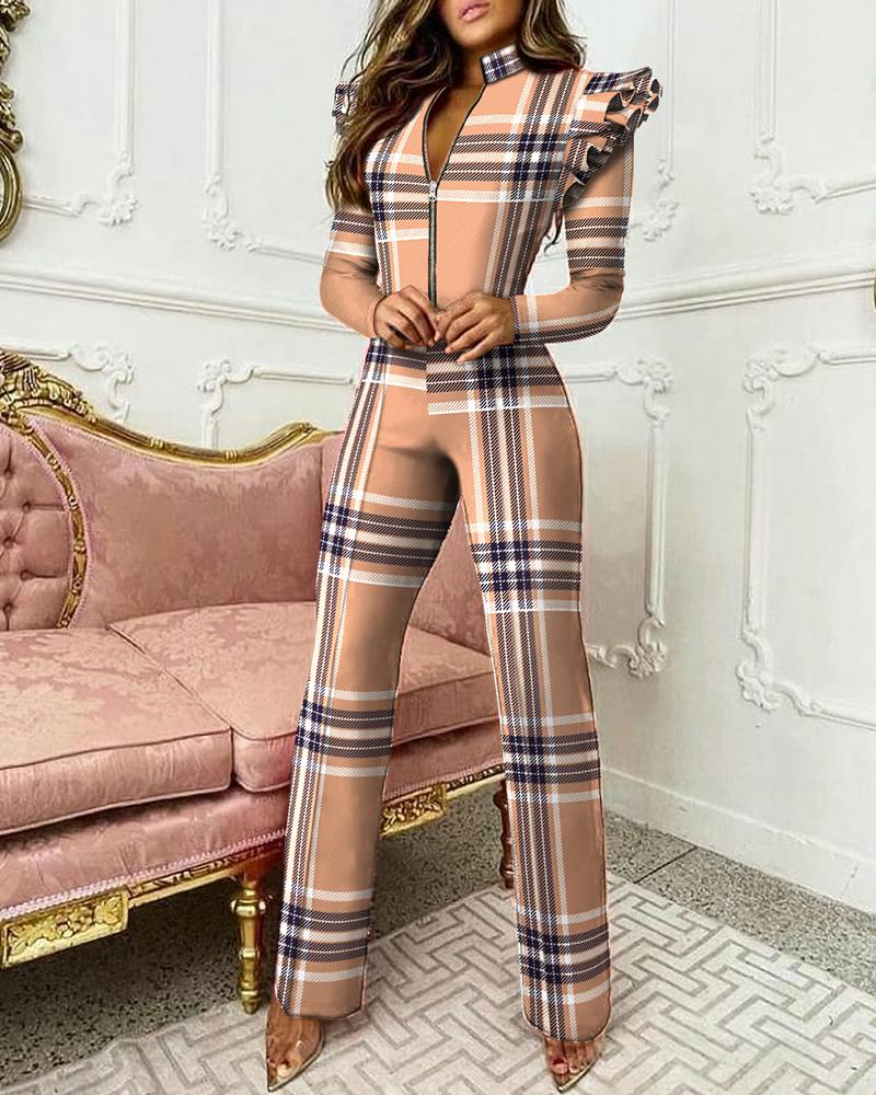

Plaid Print Ruffles Long Sleeve Zipper Skinny Jumpsuit, Brown
