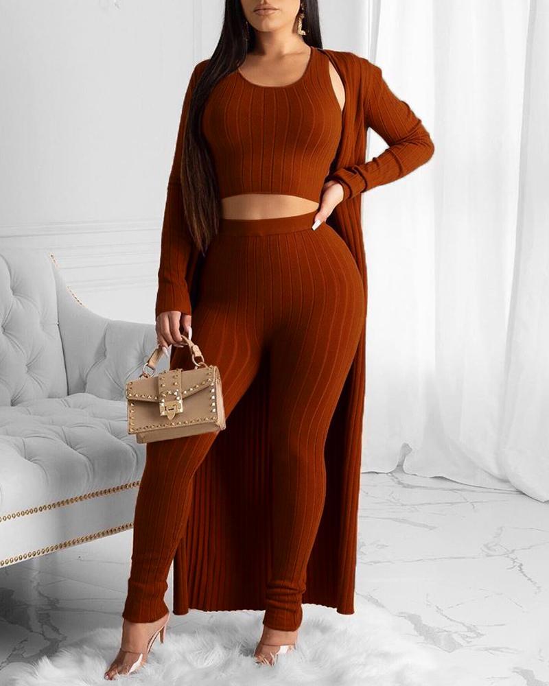 

3PCS Ribbed Crop Tank Top & Pants Set With Longline Coat, Red